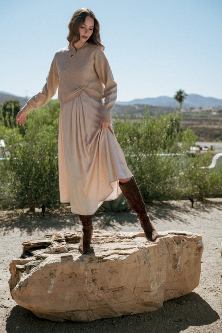 Jodifl Sleeveless Solid Fabric Mix Midi Dress with Front Pleat Detail