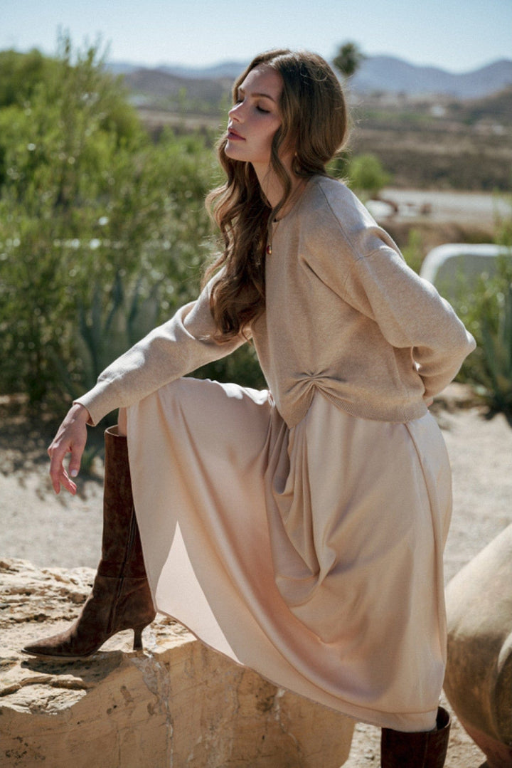 Jodifl Sleeveless Solid Fabric Mix Midi Dress with Front Pleat Detail