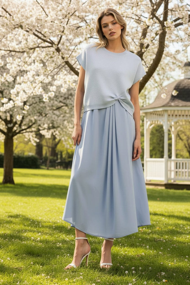 knee length dresses for ladies Jodifl Sleeveless Solid Fabric Mix Midi Dress with Front Pleat Detail –  jfybrand main image 1