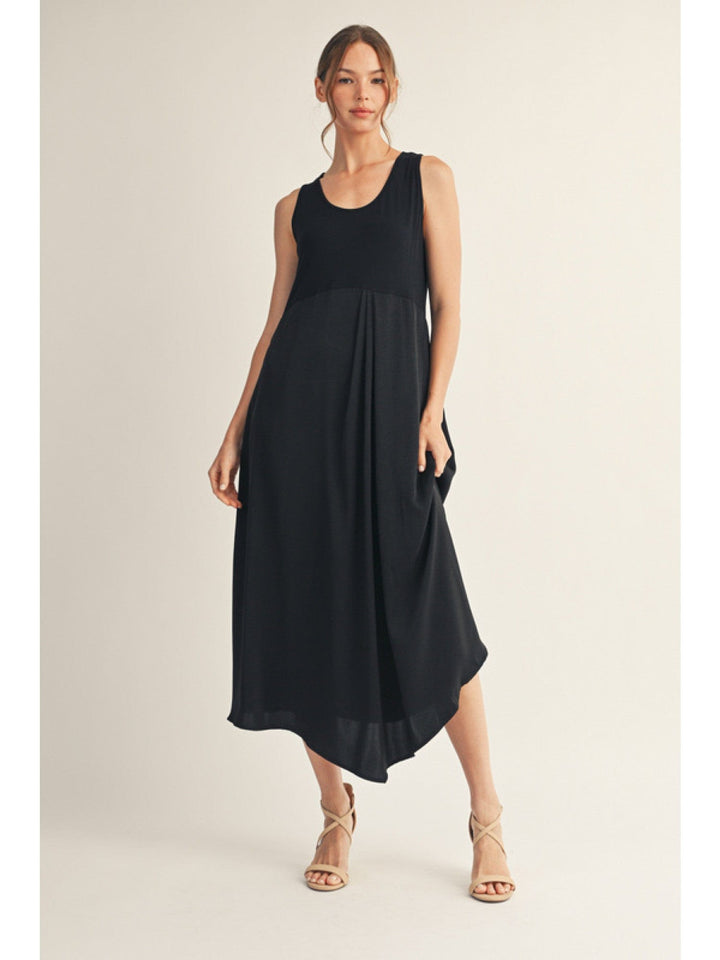 Jodifl Sleeveless Solid Fabric Mix Midi Dress with Front Pleat Detail