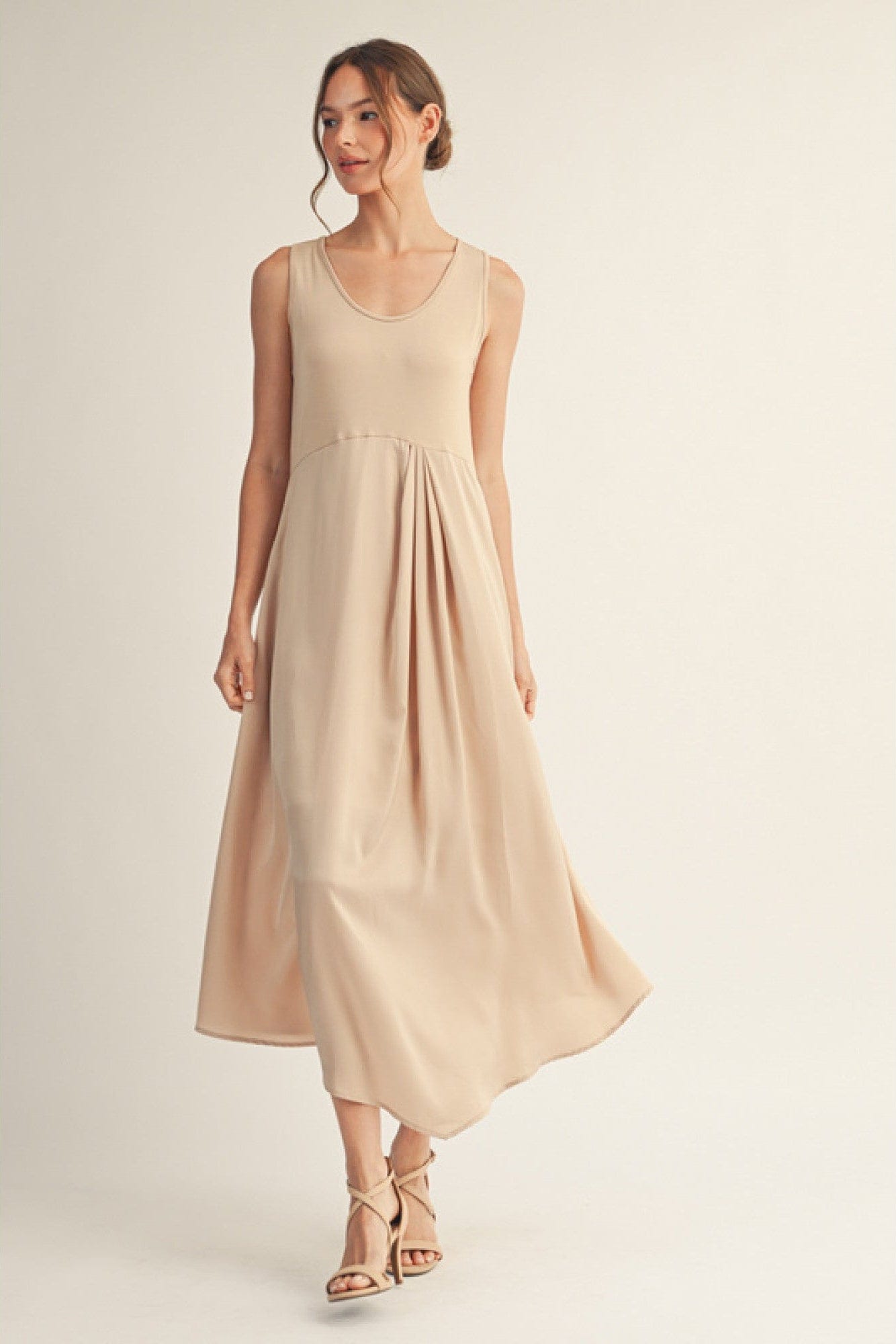 jodifl midi dress Jodifl Sleeveless Solid Fabric Mix Midi Dress with Front Pleat Detail