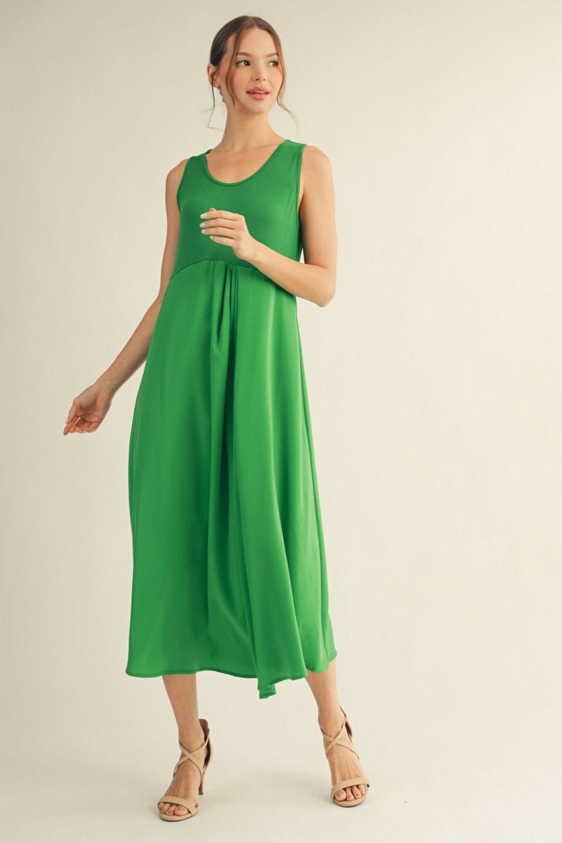 Jodifl Sleeveless Solid Fabric Mix Midi Dress with Front Pleat Detail - DR-JD-G14402 / KELLY GREEN / S Jodifl Sleeveless Solid Fabric Mix Midi Dress with Front Pleat Detail - DR-JD-G14402 / KELLY GREEN / S