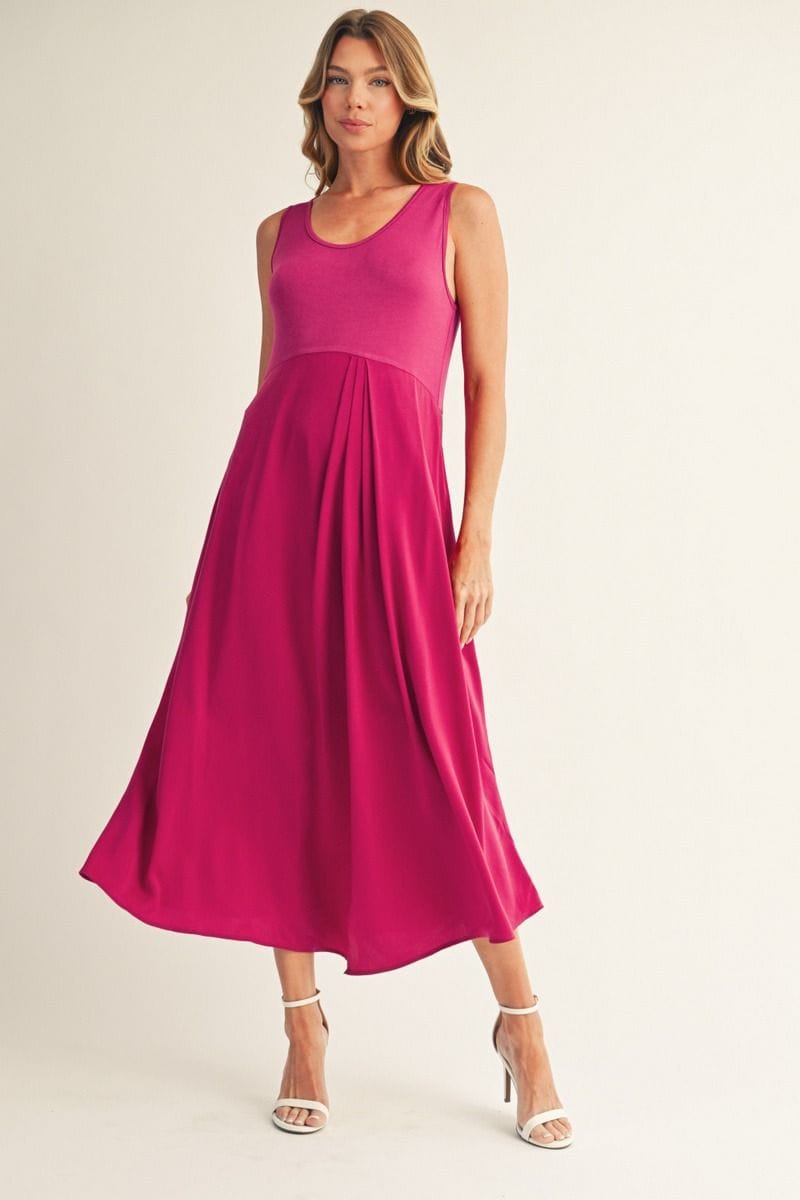 jodifl midi dress Jodifl Sleeveless Solid Fabric Mix Midi Dress with Front Pleat Detail