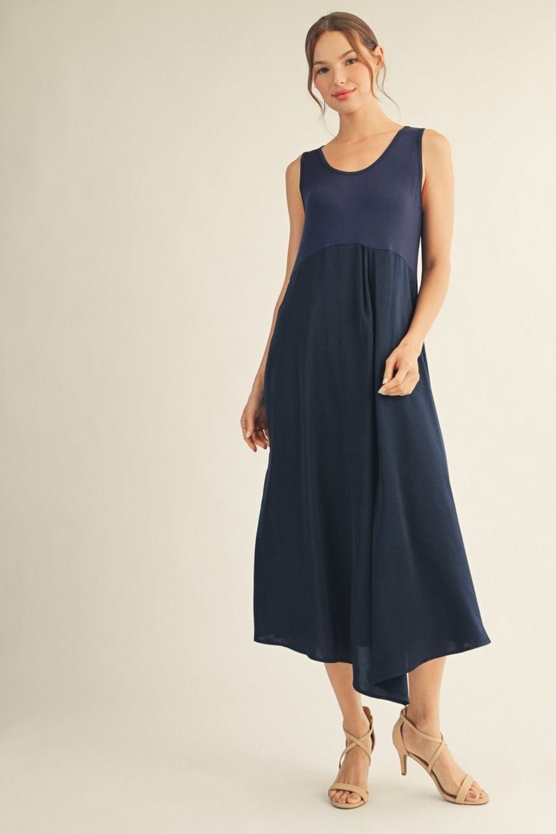jodifl midi dress Jodifl Sleeveless Solid Fabric Mix Midi Dress with Front Pleat Detail