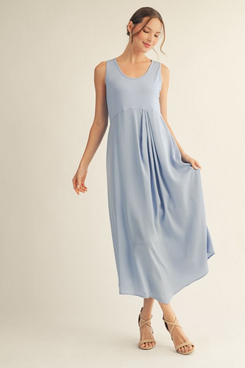 Jodifl Sleeveless Solid Fabric Mix Midi Dress with Front Pleat Detail