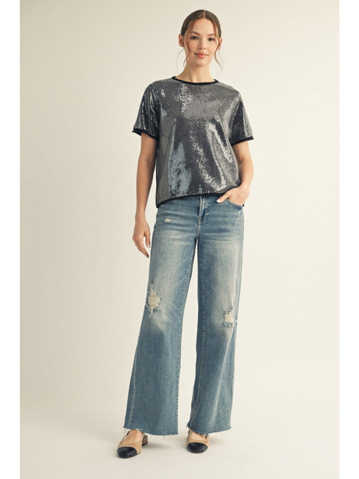 Jodifl Small Sequin Covered Rolled Edge Sweater Top