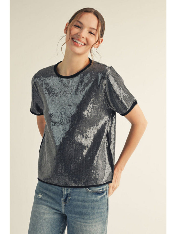 Jodifl Small Sequin Covered Rolled Edge Sweater Top
