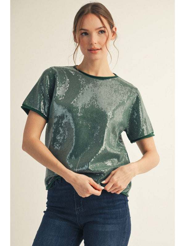 Jodifl Small Sequin Covered Rolled Edge Sweater Top