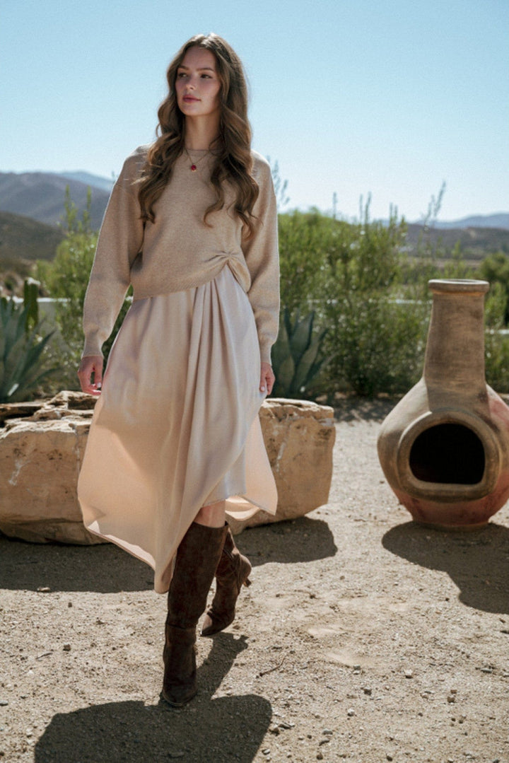 Jodifl Soft Long Sleeve Drop Shoulder Sweater with Gathered Knot Accent