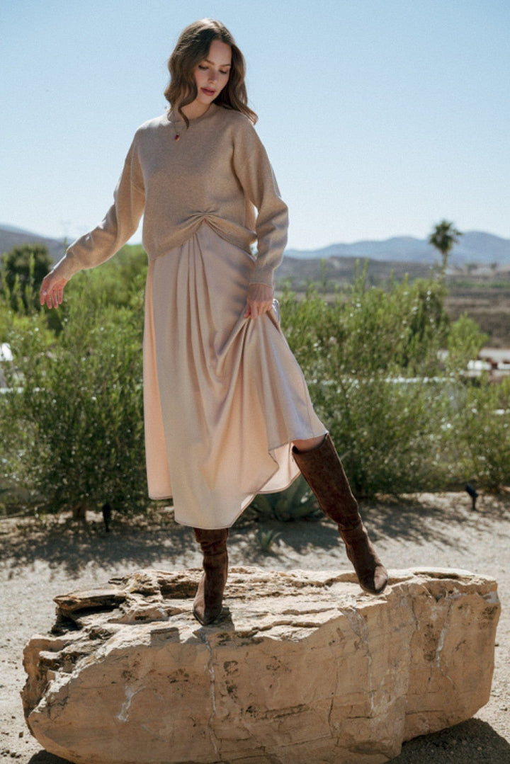 Jodifl Soft Long Sleeve Drop Shoulder Sweater with Gathered Knot Accent