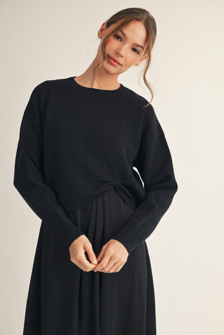 Jodifl Soft Long Sleeve Drop Shoulder Sweater with Gathered Knot Accent