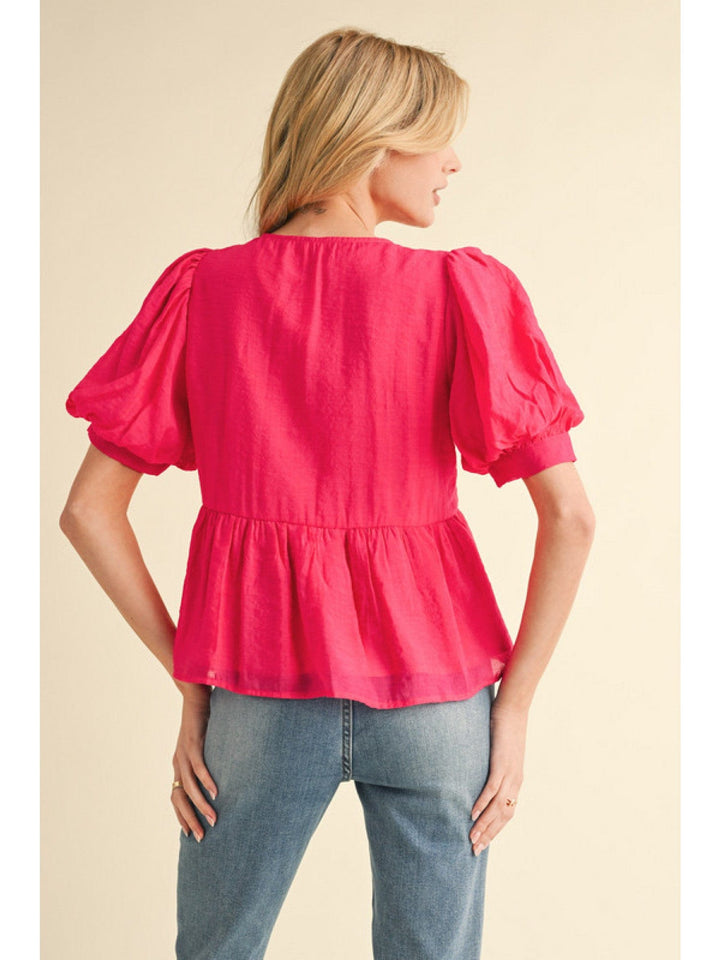 Jodifl Solid Bow Tie Peplum Top with Short Band Cuffed Balloon Sleeves