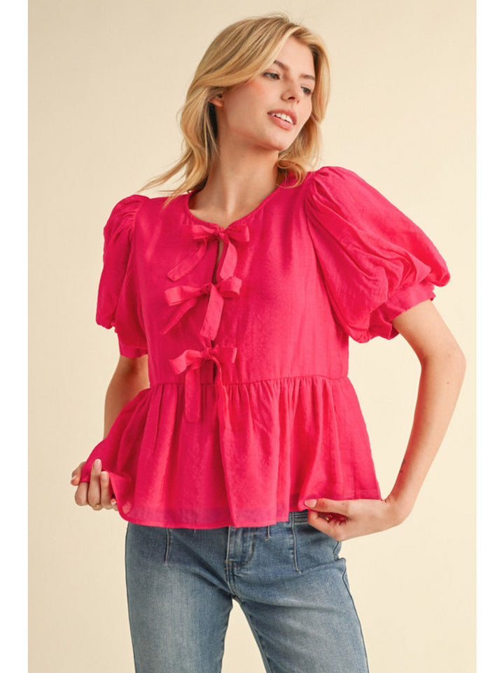 Jodifl Solid Bow Tie Peplum Top with Short Band Cuffed Balloon Sleeves