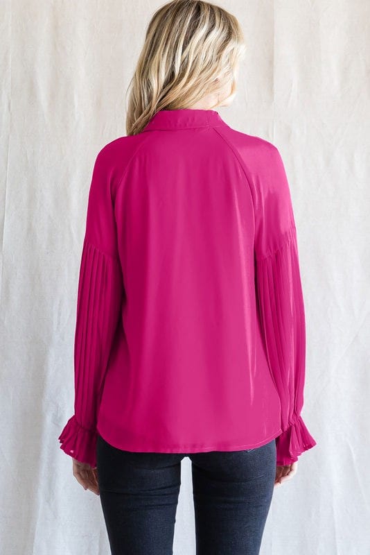 Jodifl Solid Chiffon Top With Collared Neck, Raglan Pleated Poet Sleeves