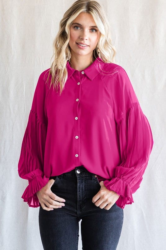 Jodifl Solid Chiffon Top With Collared Neck, Raglan Pleated Poet Sleeves