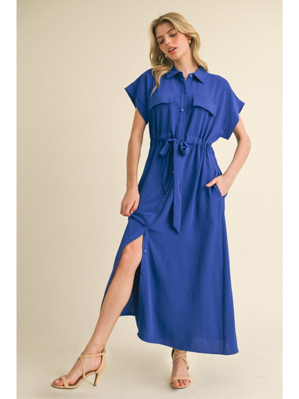 Jodifl Solid Collared Neckline Short Kimono Sleeves Belted Waistline Pocket Front Maxi Dress