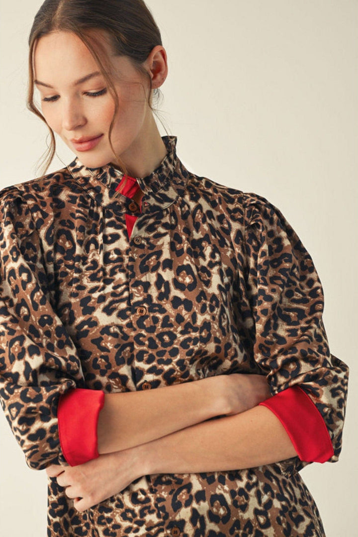 Jodifl Solid Contrast Animal Print Button Down Top
