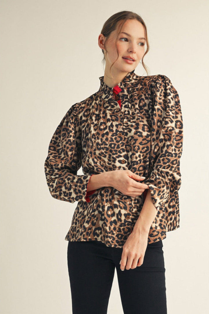 Jodifl Solid Contrast Animal Print Button Down Top
