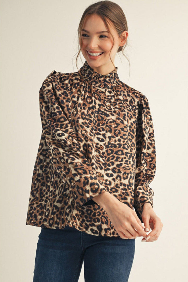 Jodifl Solid Contrast Animal Print Button Down Top