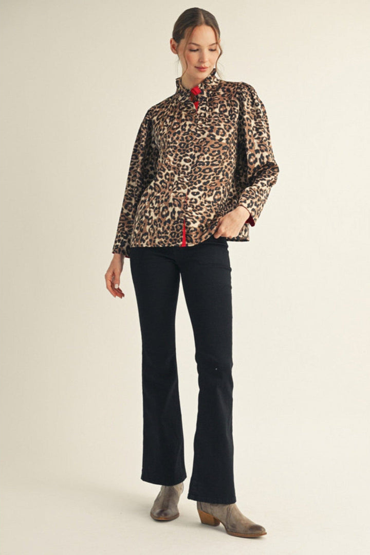 Jodifl Solid Contrast Animal Print Button Down Top