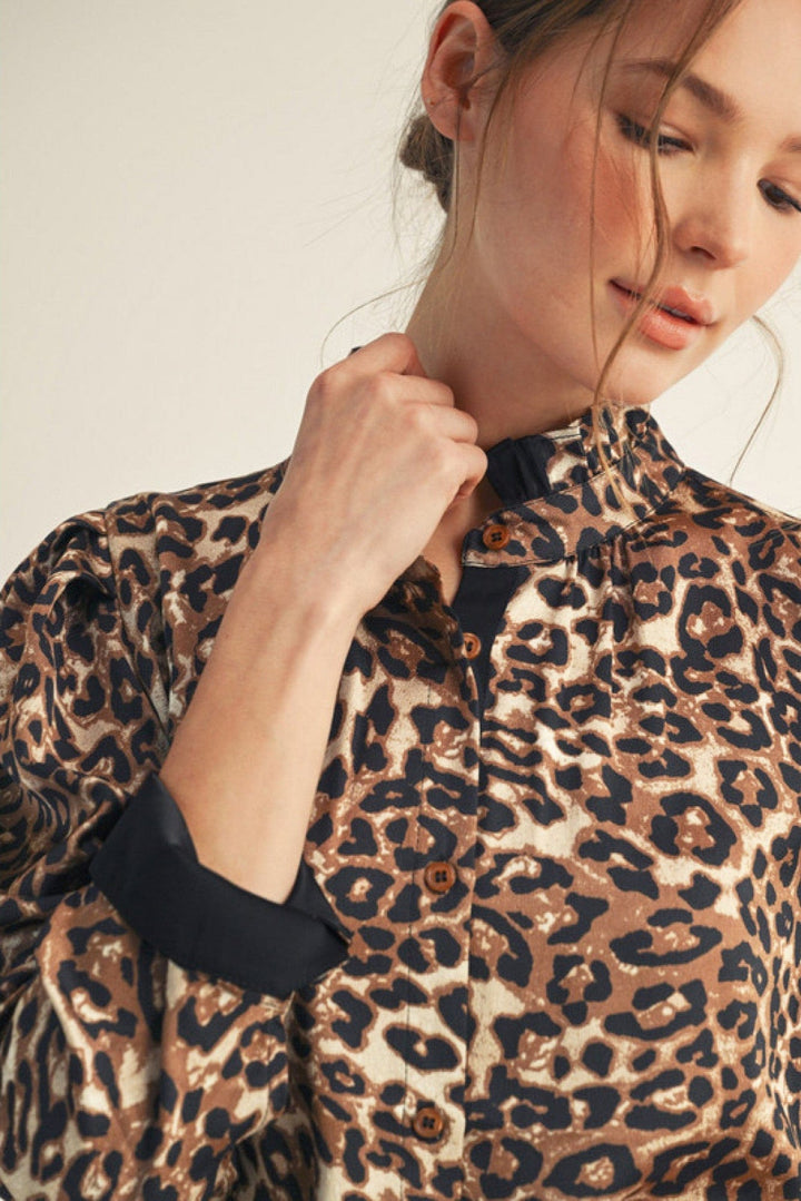 Jodifl Solid Contrast Animal Print Button Down Top