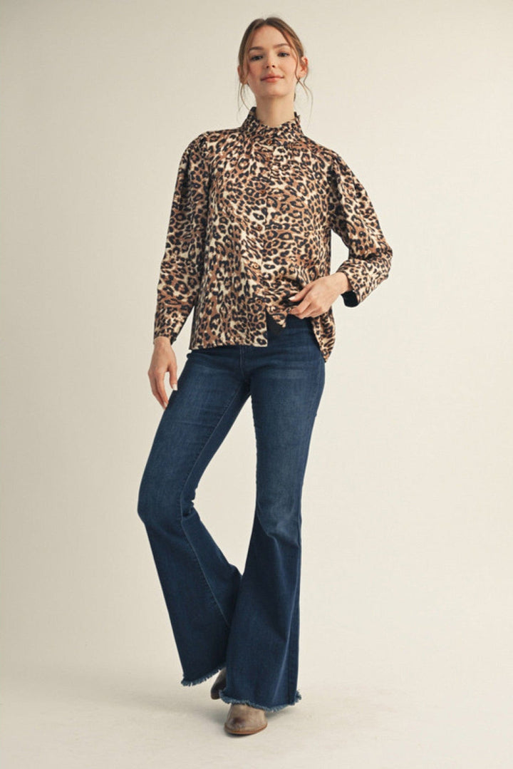 Jodifl Solid Contrast Animal Print Button Down Top