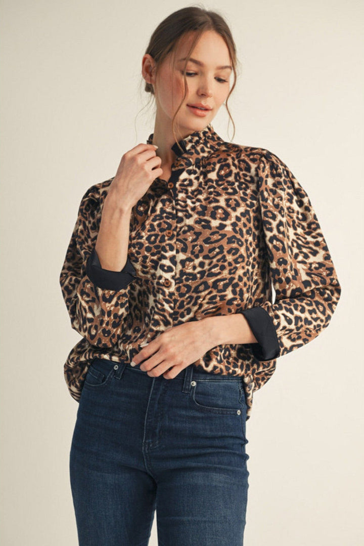 Jodifl Solid Contrast Animal Print Button Down Top