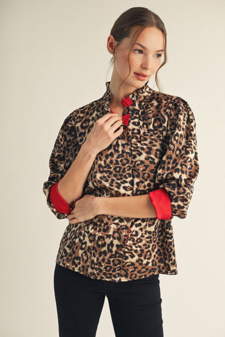 Jodifl Solid Contrast Animal Print Button Down Top