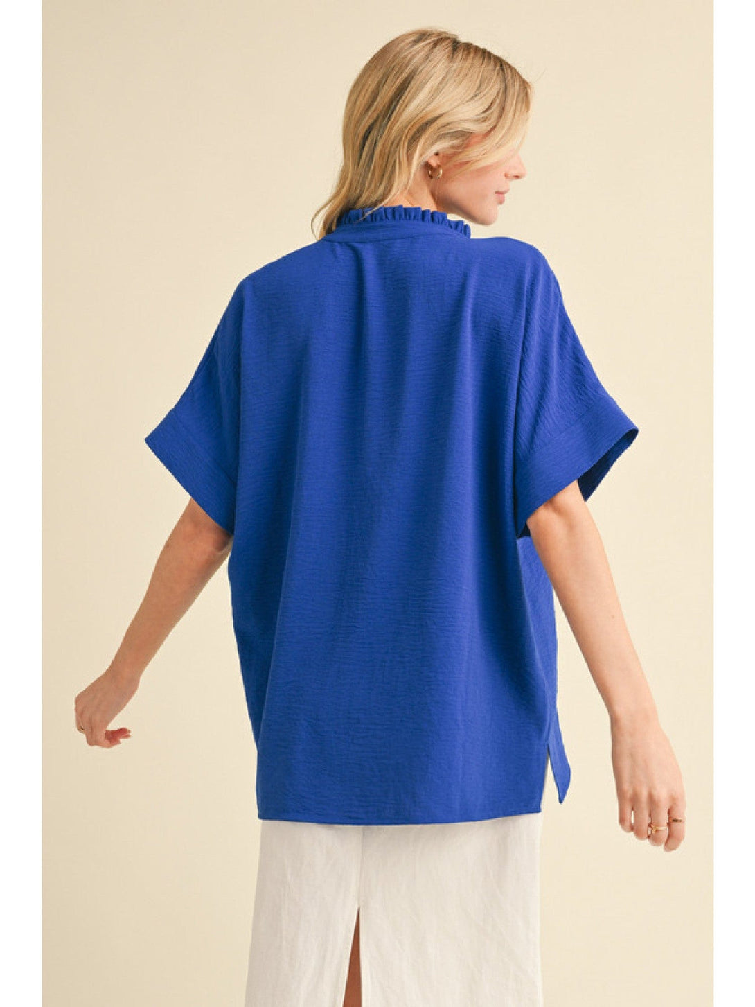 Jodifl Solid Frilled V-Neckline Dolman Sleeve Blouse Top