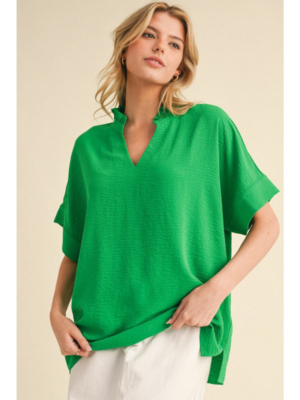 Jodifl Solid Frilled V-Neckline Dolman Sleeve Blouse Top