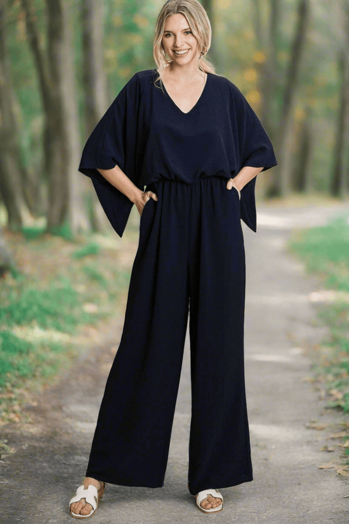 Jodifl Solid Jumpsuit with V-Neckline and Wide Half Sleeves