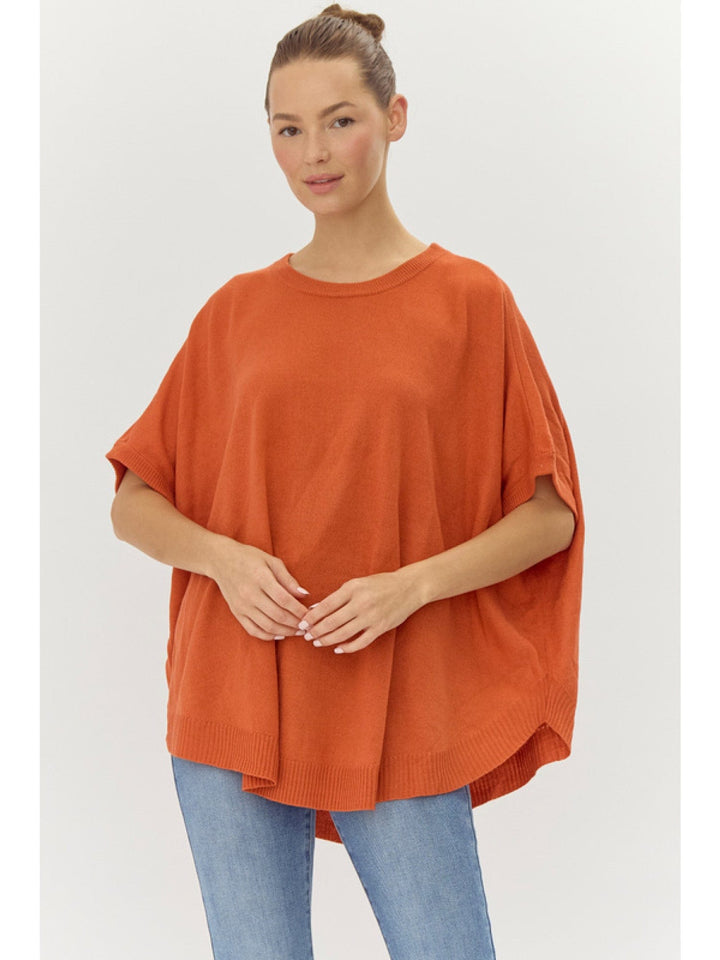 Jodifl Solid Knit U-neck Half Dolman Sleeve Curved Hemline Top