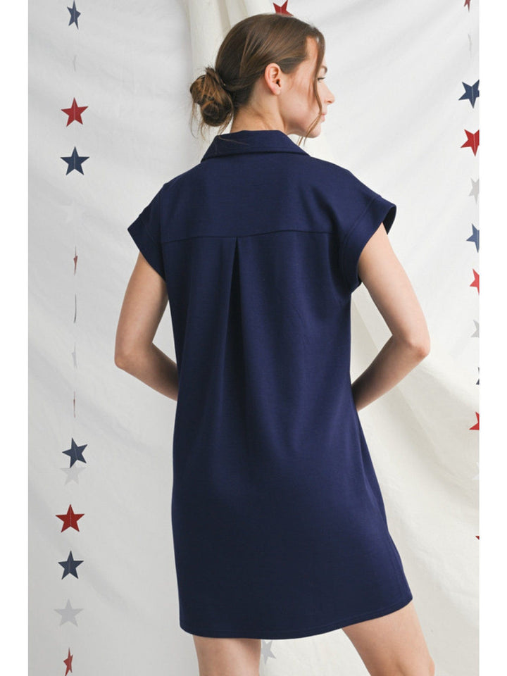 Jodifl Solid Open Collared Short Sleeve Casual Dress with Side Pockets
