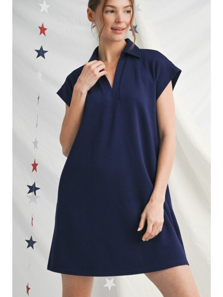 Jodifl Solid Open Collared Short Sleeve Casual Dress with Side Pockets