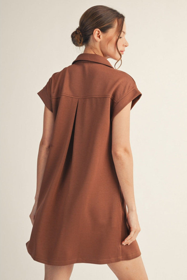 Jodifl Solid Open Collared Short Sleeve Casual Dress with Side Pockets