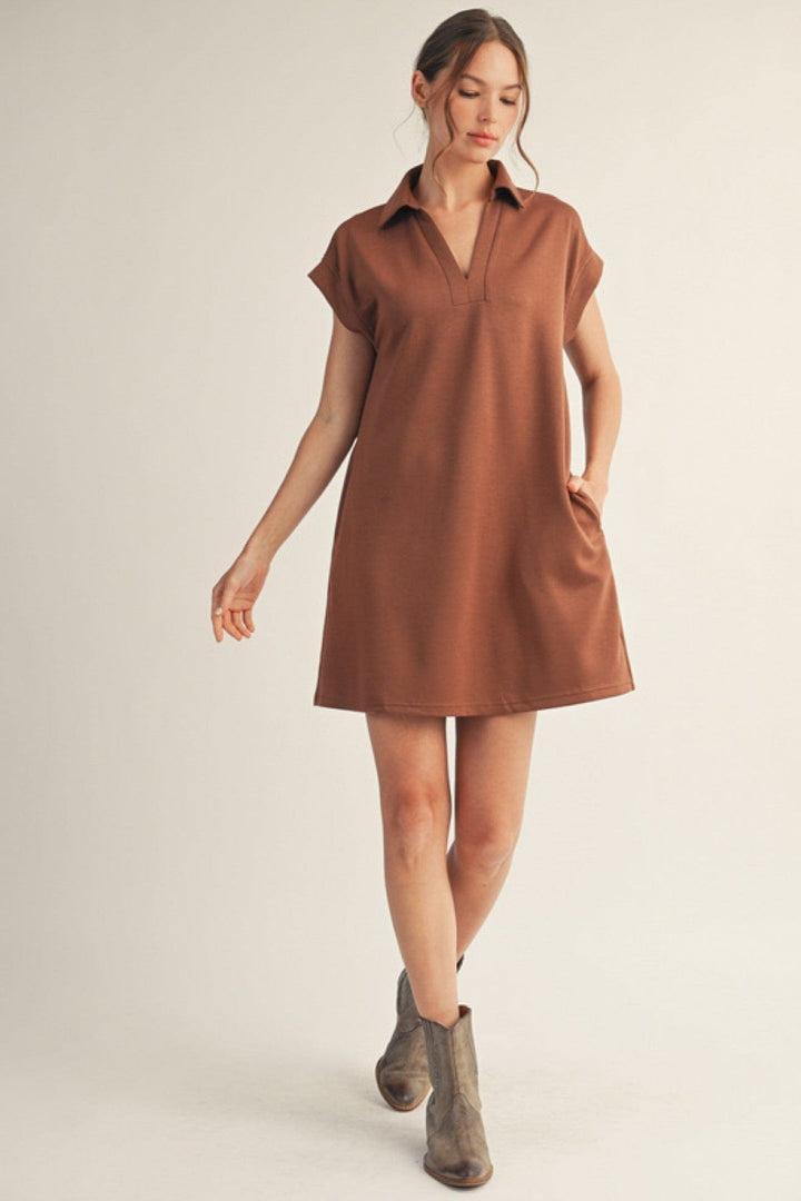 Jodifl Solid Open Collared Short Sleeve Casual Dress with Side Pockets