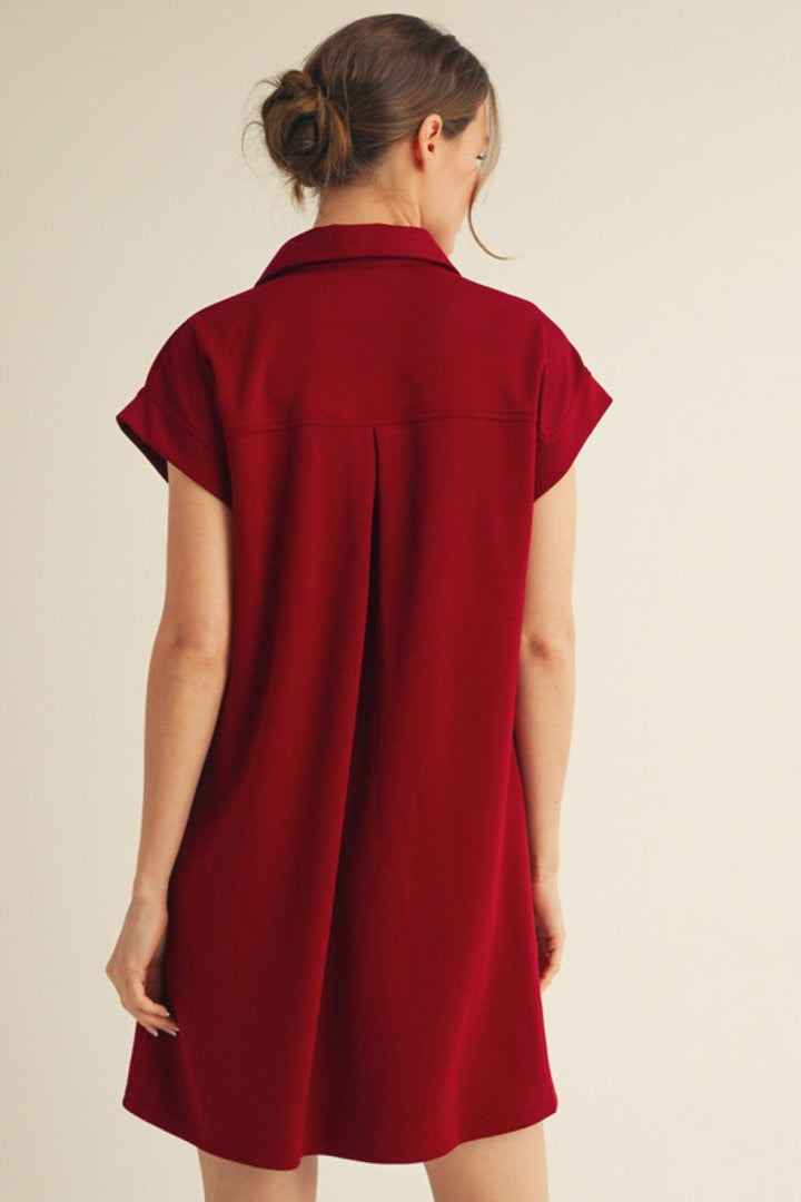 Jodifl Solid Open Collared Short Sleeve Casual Dress with Side Pockets