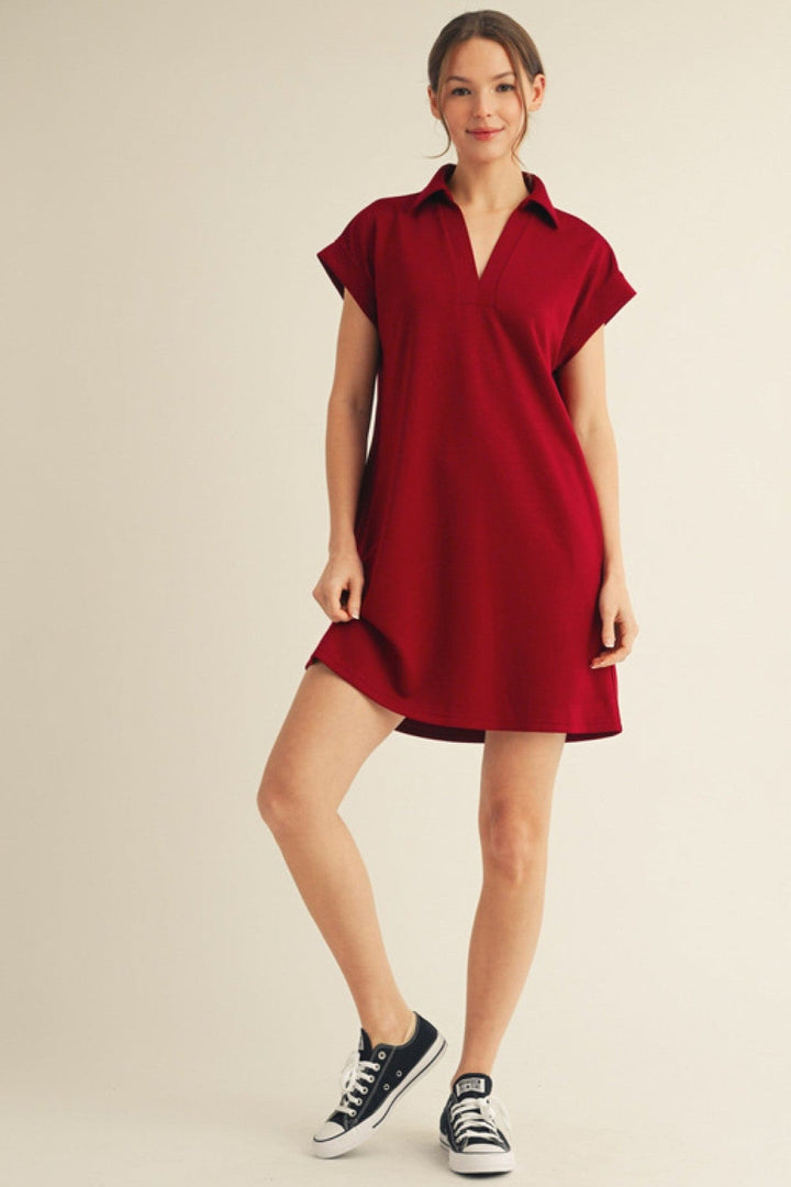 Jodifl Solid Open Collared Short Sleeve Casual Dress with Side Pockets