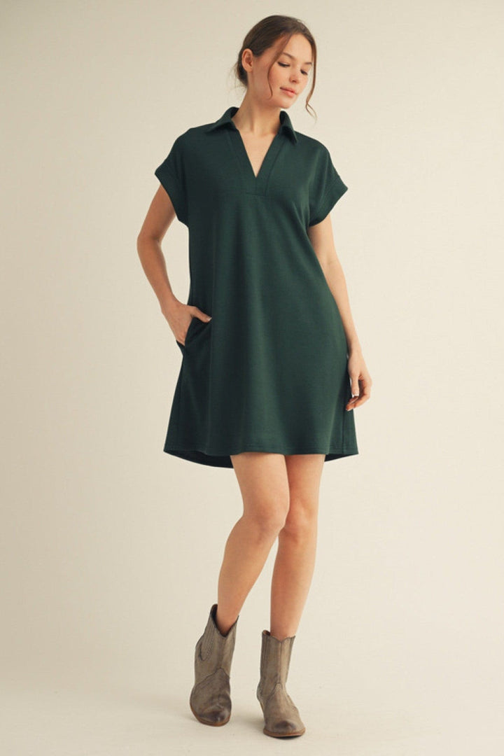 Jodifl Solid Open Collared Short Sleeve Casual Dress with Side Pockets