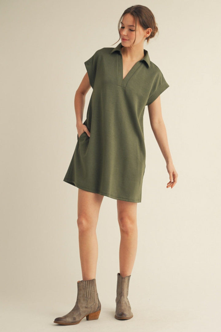 Jodifl Solid Open Collared Short Sleeve Casual Dress with Side Pockets