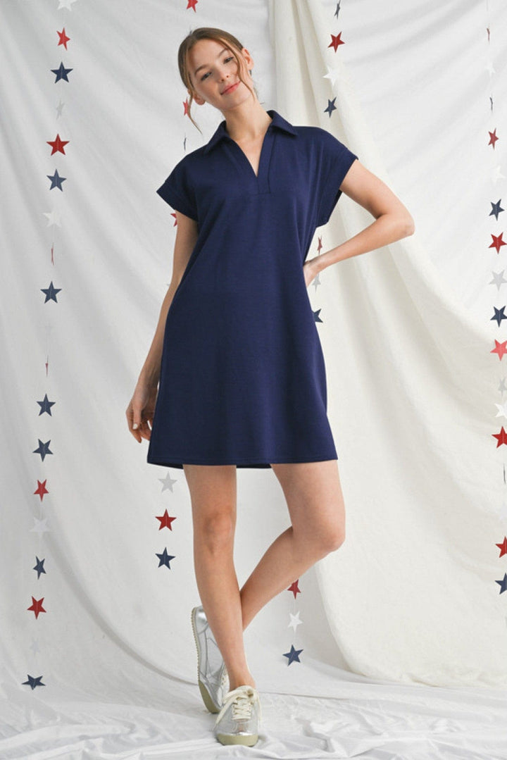 Jodifl Solid Open Collared Short Sleeve Casual Dress with Side Pockets