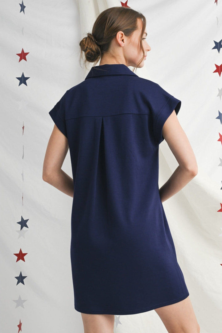 Jodifl Solid Open Collared Short Sleeve Casual Dress with Side Pockets