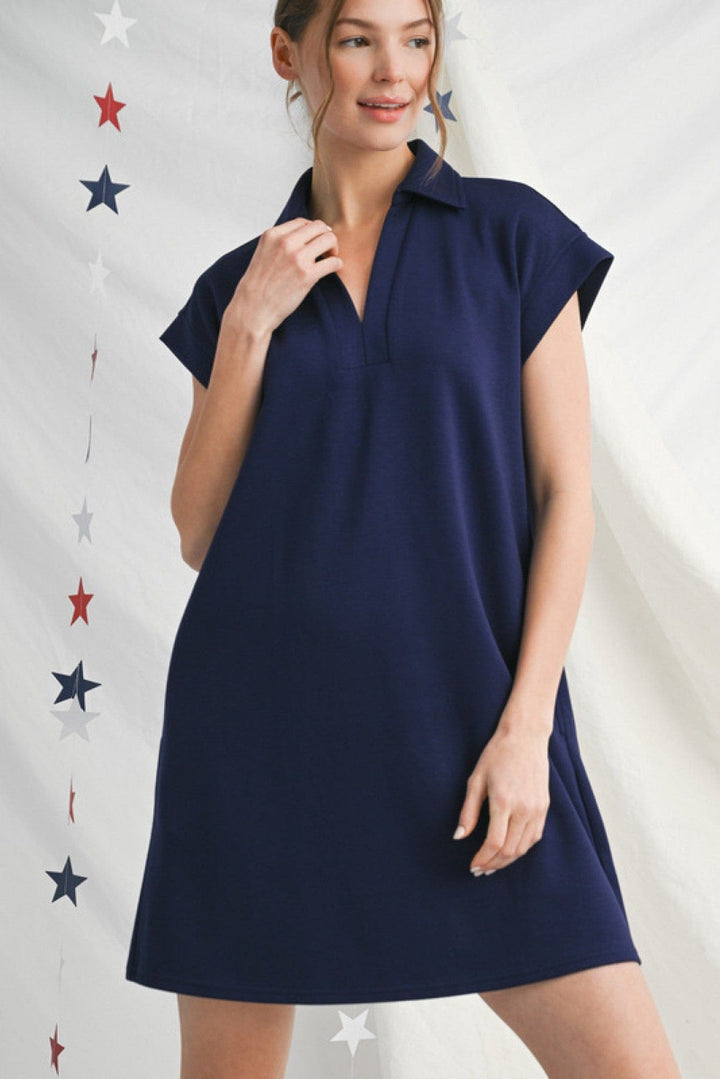 Jodifl Solid Open Collared Short Sleeve Casual Dress with Side Pockets