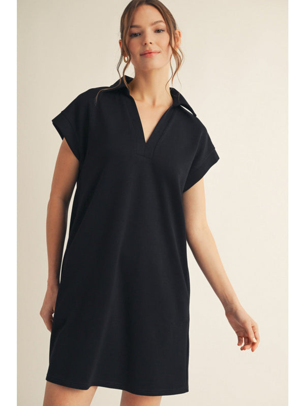 Jodifl Solid Open Collared Short Sleeve Casual Dress with Side Pockets