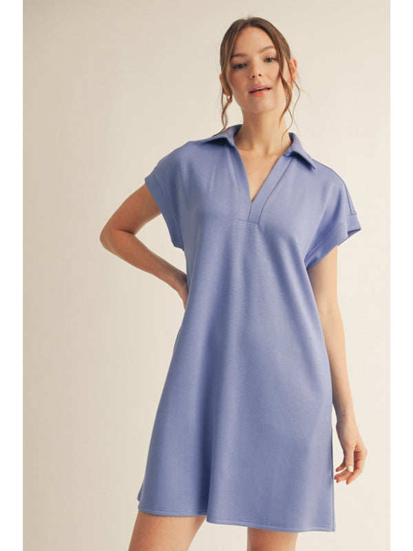 Jodifl Solid Open Collared Short Sleeve Casual Dress with Side Pockets