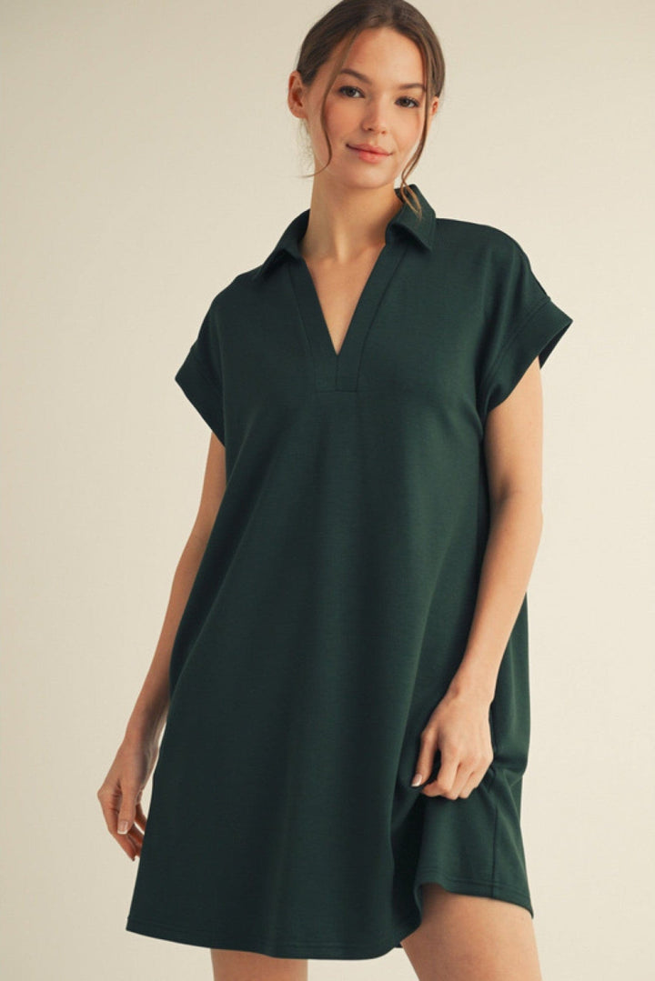Jodifl Solid Open Collared Short Sleeve Casual Dress with Side Pockets