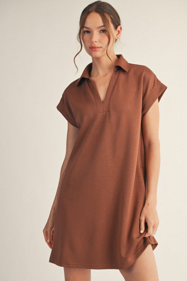 Jodifl Solid Open Collared Short Sleeve Casual Dress with Side Pockets