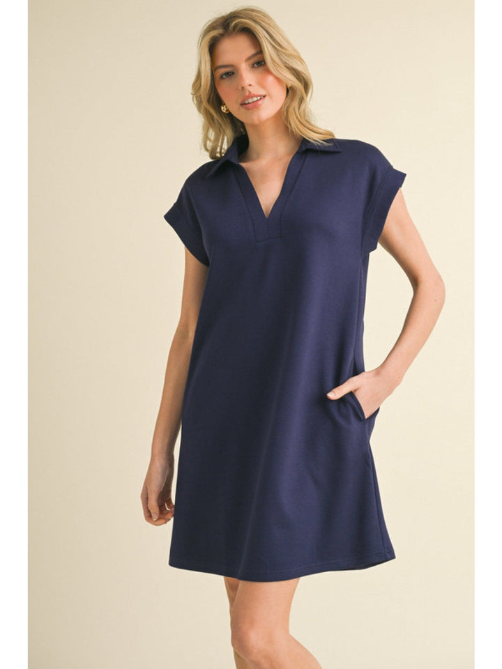 Jodifl Solid Open Collared Short Sleeve Casual Dress with Side Pockets