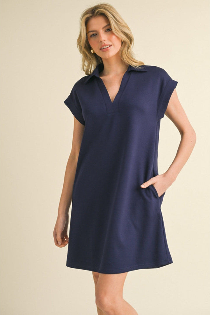 Jodifl Solid Open Collared Short Sleeve Casual Dress with Side Pockets