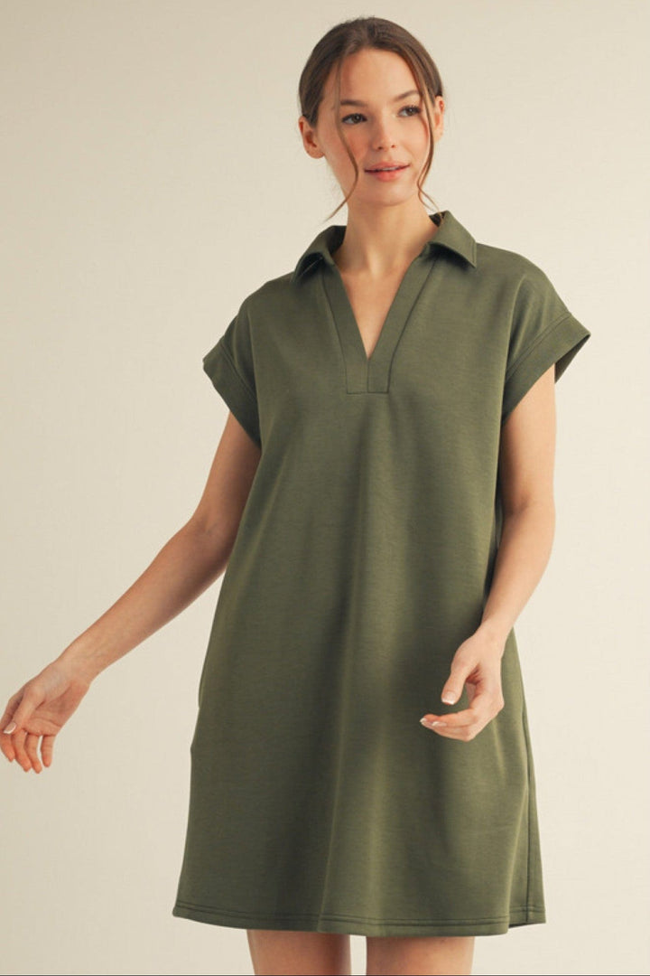 Jodifl Solid Open Collared Short Sleeve Casual Dress with Side Pockets